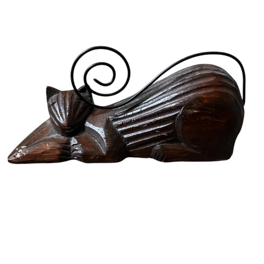 Hand-carved wooden cat figurine with a wire tail photo, note, or recipe holder